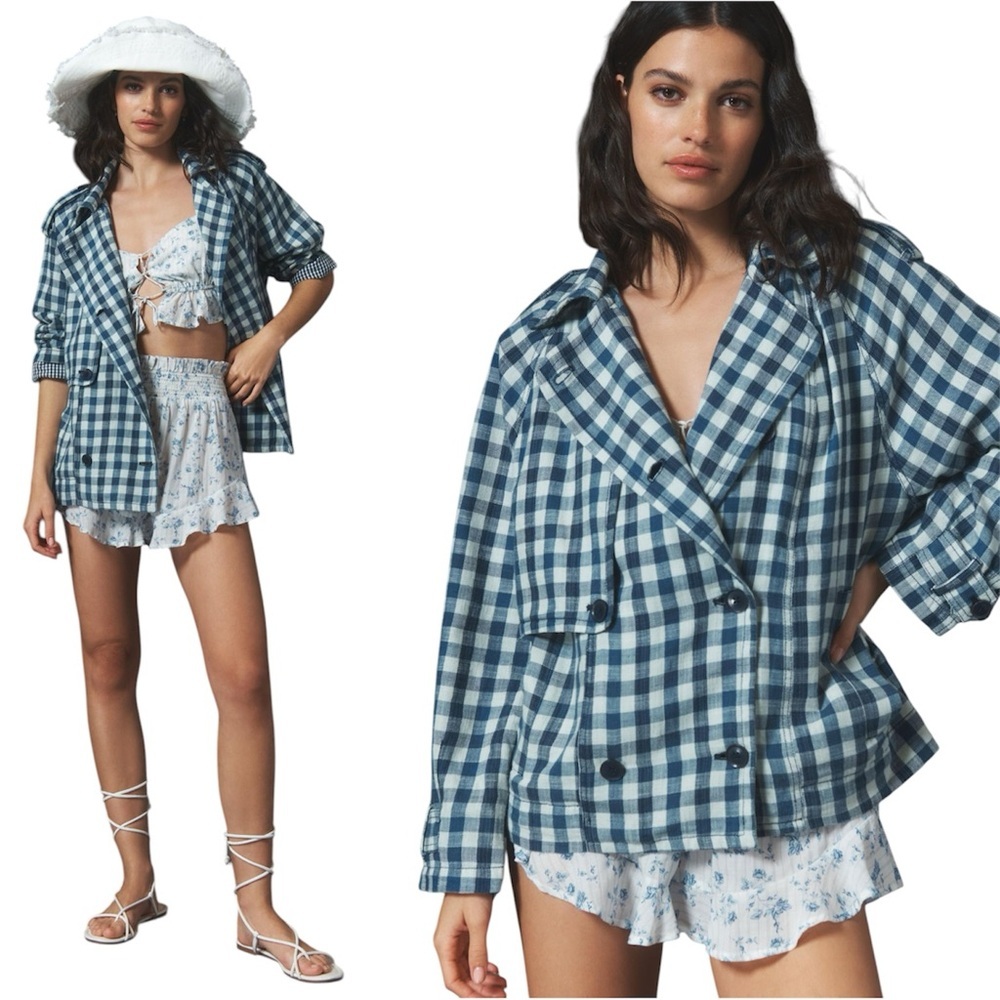 NWT By Anthropologie Blue Checkered Gingham Trench Coat Jacket